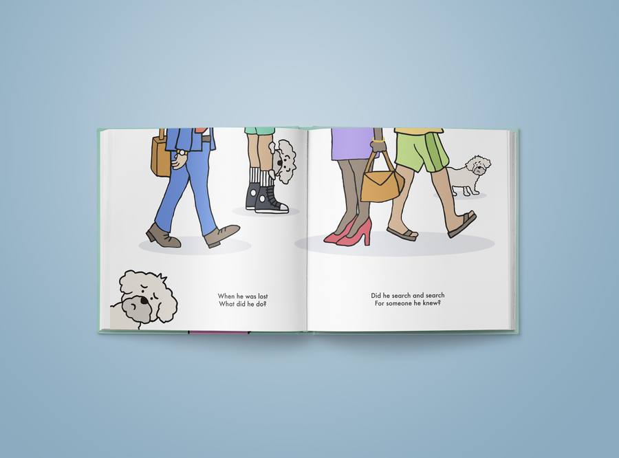 Inside spread from Found at the Pound showing illustrated dog and rhyming text