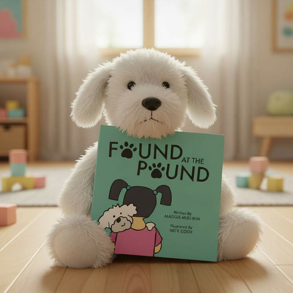 Fluffy stuffed dog holding Found at the Pound book in a sunny playroom